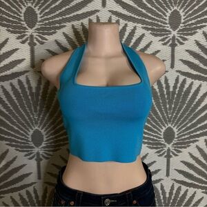 Ribbed Halter Crop Top Blue Square Neck Y2K Coastal Women’s Sz L
